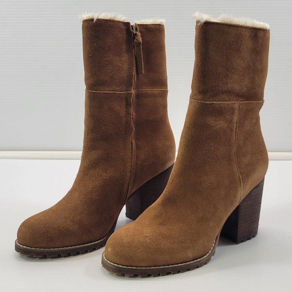 *E) Saks Fifth Avenue Cognac Zipper Heel Suede Boots Booties Fur 8.5M